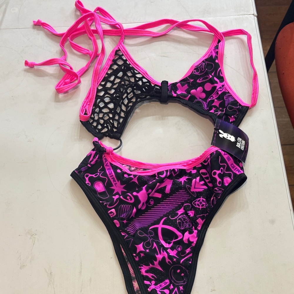 iHeartRaves Rolita Coture Black & Hot Pink Cutout One-Piece Swimsuit